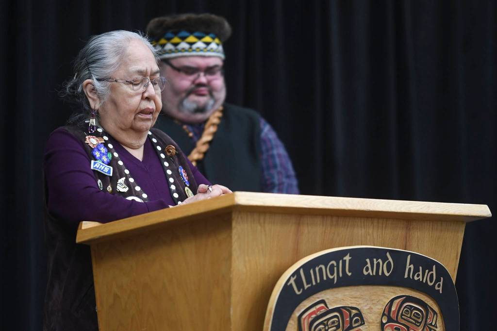 Florence Sheakley gives a prayer for Indigenous Peoples Day at the Elizabeth Peratrovich Hall on Monday, Oct. 14, 2019. (Michael Penn | Juneau Empire)