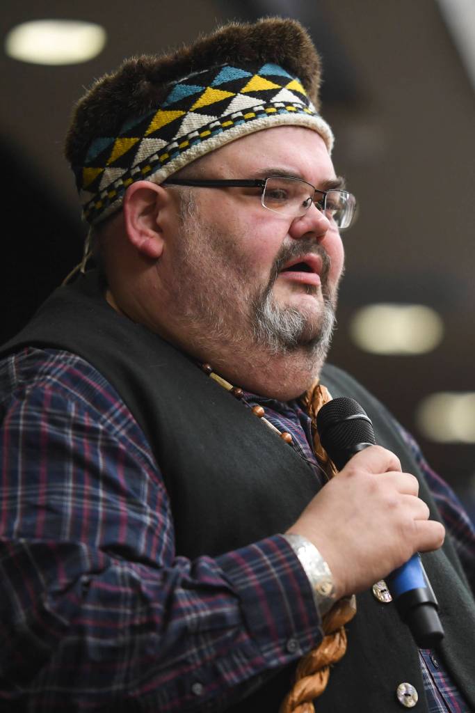 Richard Chalyee Éesh Peterson, President of the Central Council of Tlingit and Haida Indian Tribes of Alaska, speaks during Indigenous Peoples Day at the Elizabeth Peratrovich Hall on Monday, Oct. 14, 2019. (Michael Penn | Juneau Empire)