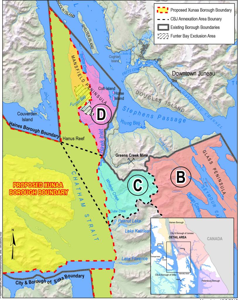 This map from the City and Borough of Juneau Assemblys meeting packet, shows the proposed Xunaa Borough in relation to other Southeast boroughs and a portion of Mansfield Peninsula that is part of Juneaus annexation efforts. (Courtesy Photo | City and Borough of Juneau)