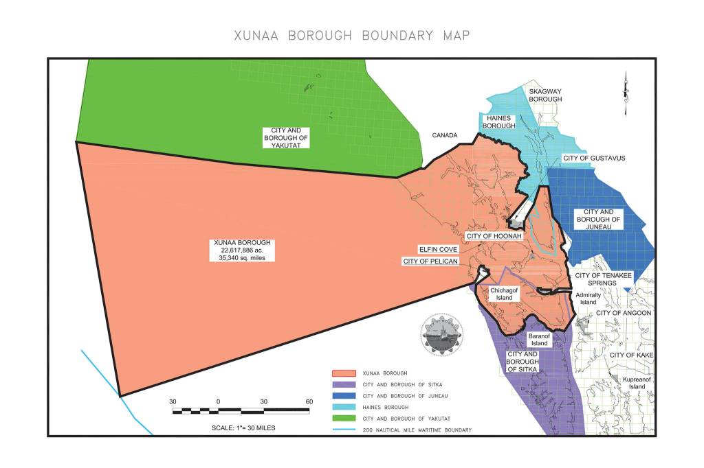 This map from the City and Borough of Juneau Assemblys meeting packet, shows the proposed Xunaa Borough in relation to other nearby boroughs and cities. (Courtesy Photo | City and Borough of Juneau)
