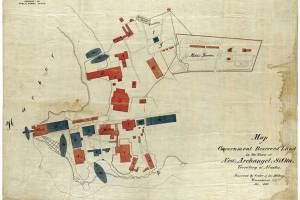 This is an early map of Sitka at the time of the handover, showing the buildings and government land. (Courtesy of the Alaska State Museum archives)