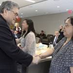 U.S. Attorney General William Barr, left, greets Vivian Korthius with the Association of Village Council Presidents at a roundtable discussion at the Alaska Native Tribal Health Consortium on Wednesday, May 29, 2019, in Anchorage, Alaska, where participants discussed public safety concerns in rural Alaska. (AP Photo/Mark Thiessen)