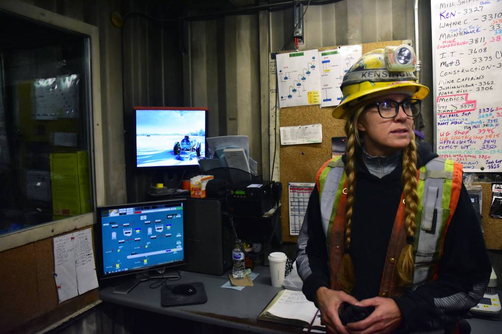 Mary Beth Gust, plane plant operator, explains the workings of the plant on Monday, Oct. 14, 2019. (Peter Segall | Juneau Empire)