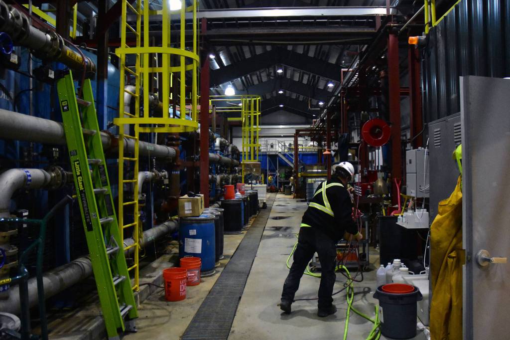 The water treatment plant at the Kensington Gold Mine. Water from the tailings treatment facility is treated here before being placed back into the storage lake. Oct. 14, 2019. (Peter Segall | Juneau Empire)