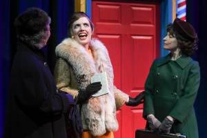 Therese Thibodeau, as Helen, left, Kristen Rankin, as Marge, center, and Patricia Hull, as Loretta, during a rehearsal of Blue Ticket written by Maureen Longworth at McPhetres Hall on Tuesday, Oct. 15, 2019. (Michael Penn | Juneau Empire)