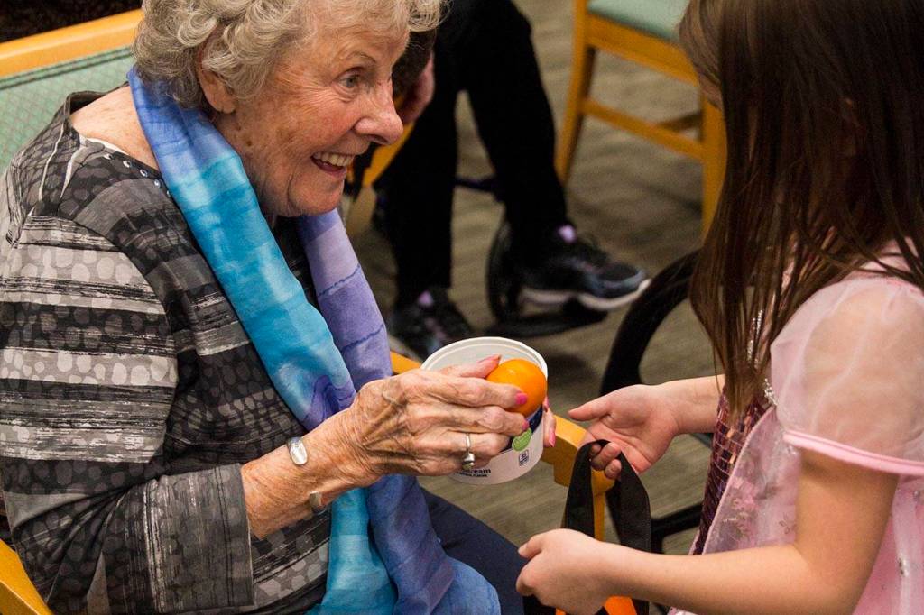 Members of the Parents as Teachers program and a number of children visited the Juneau Pioneer Home to have an early Halloween with the residents on Tuesday, Oct. 22, 2019. (Michael S. Lockett | Juneau Empire)