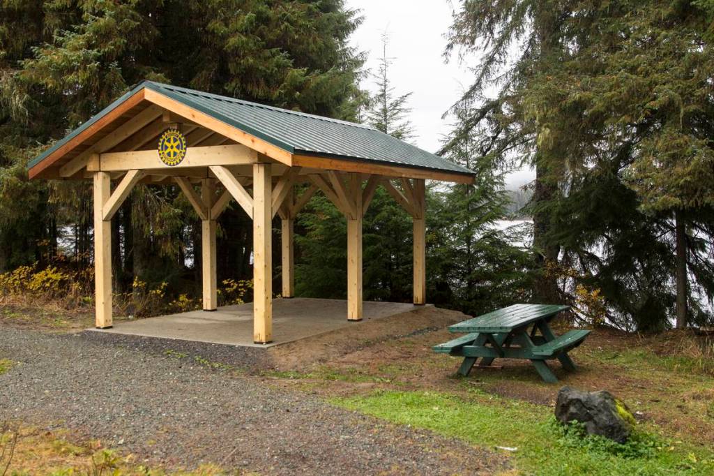 City and Borough of Juneau Parks and Recreation and local Rotary clubs worked together to put up the new pavilion at Auke Lake. (Michael S. Lockett | Juneau Empire)