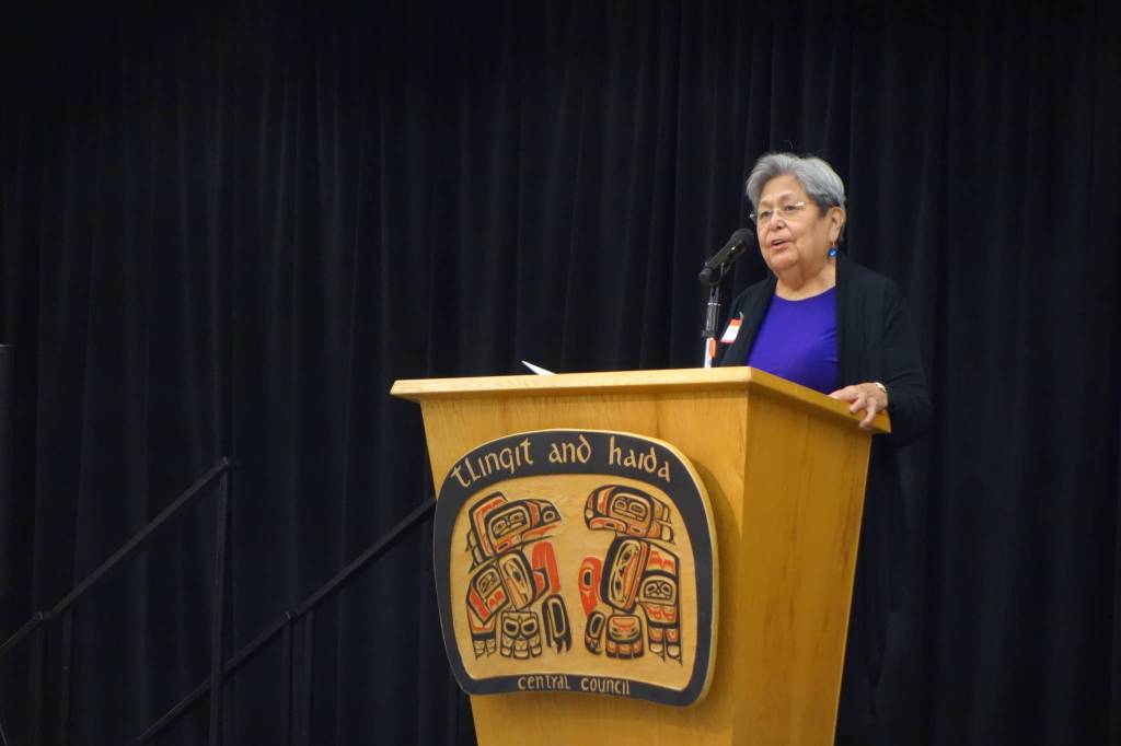 Pat Alexander, co-chair for the Tlingit & Haida Violence Against Women Task Force, speaks at a domestic violence summit at Elizabeth Peratrovich Hall Friday, Oct. 25, 2019. (Ben Hohenstatt | Juneau Empire)