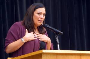 Deborah Parker, National Indigenous Womens Resource Center board member, activist and survivor of sexual and physical violence, delivers the keynote speech at a domestic violence awareness summit Friday, Oct. 25, 2019. (Ben Hohenstatt | Juneau Empire)