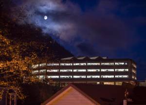 The moon rises over the State Office Building on Halloween, Tuesday, Oct. 31, 2017. (Michael Penn | Juneau Empire File)