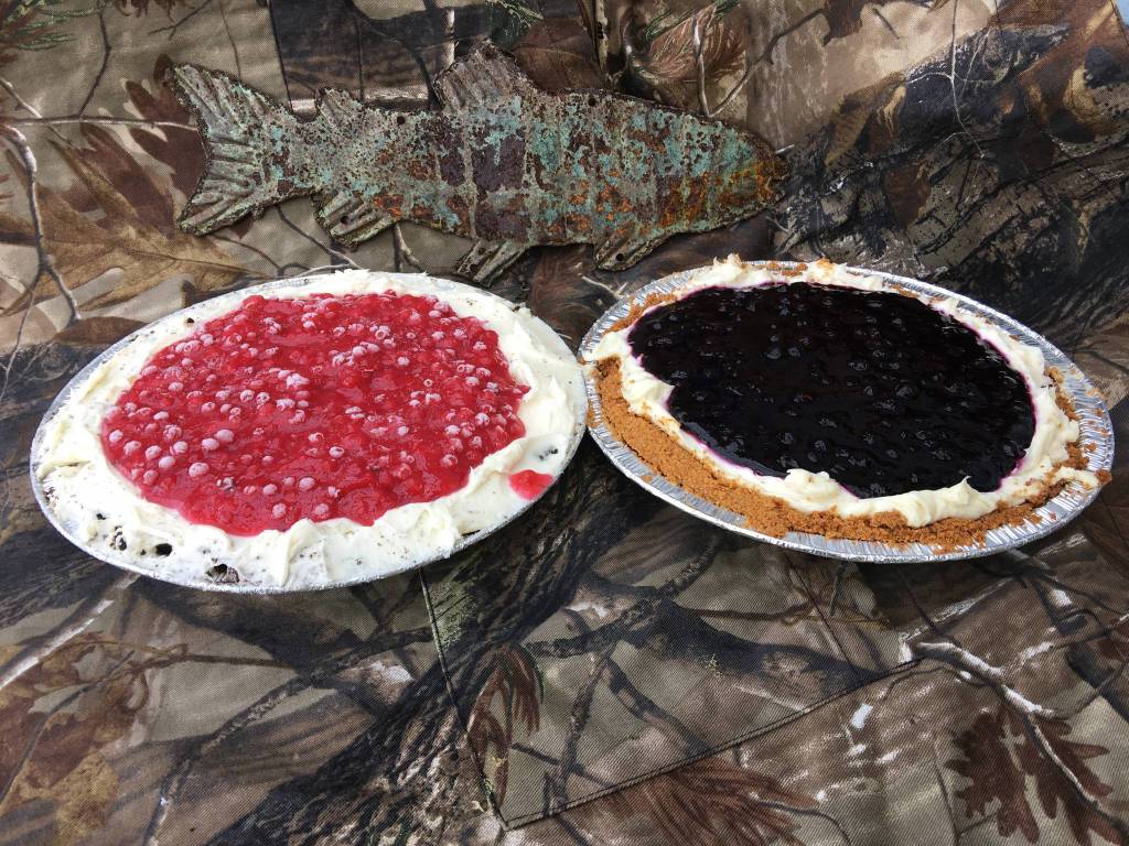 A red huckleberry cream cheese pie and a blueberry cream cheese pie made by Mickey Prescott are examples of what locally picked berries can make. (Vivian Faith Prescott | For the Juneau Empire)