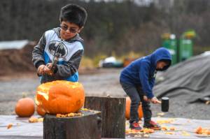 Emilio Delgado, 6, left, and his brother, Jolvanni, 5, smash pumpkins at Juneau Composts! on Sunday, Nov. 3, 2019. Juneau Composts! owner Lisa Daugherty put on the event as a fun way of keeping the holiday pumkins out of the landfill. (Michael Penn | Juneau Empire)