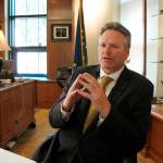 In this May 29 photo, Alaska Gov. Mike Dunleavy speaks to reporters in his office at the state Capitol in Juneau, Alaska. A fight is brewing over whether Dunleavy, a Republican who took office in Dec. 2018, should be recalled. Critics say hes incompetent and has recklessly tried to cut spending while supporters see a politically motivated attempt to undo the last election. (AP Photo | Becky Bohrer)