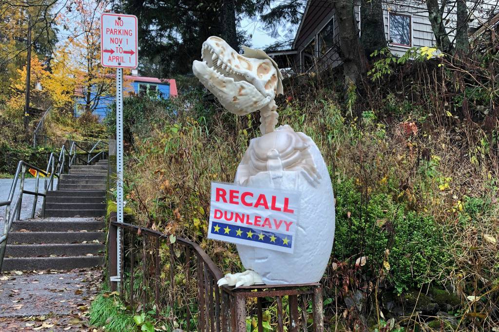 In this Friday, Nov. 1 photo, a sign reading Recall Dunleavy hangs from a decoration in front of a yard near the Alaska governors mansion in Juneau. A fight is brewing in the state over whether Republican Gov. Mike Dunleavy should be recalled from office, with his critics saying hes incompetent and has recklessly tried to cut spending while supporters see a politically motivated attempt to undo the last election. (AP Photo | Becky Bohrer)