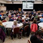 Juneau residents listen to a U.S. Department of Agriculture Forest Service informational meeting on the Rulemaking for Alaska Roadless Areas Draft Environmental Impact Statement at Elizabeth Peratrovich Hall on Monday, Nov. 4, 2019. (Michael Penn | Juneau Empire)