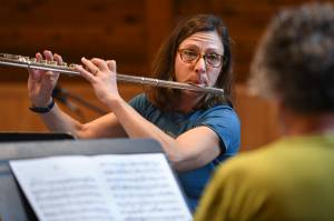 Sally Schlichting, on flute, left, and Jetta Whittaker, on oboe, rehearse for the Con Brio Chamber Series September concerts. Friday and Saturday, Con Brio is presenting a pair of flute society concerts. (Michael Penn | Juneau Empire)