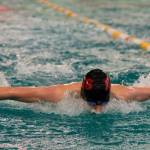 Juneau Douglas Chaz VanSlyke swims in the 100-yard butterfly final in the Region V Swimming and Diving Championships in Sitka on Saturday, Nov. 2, 2019. VanSlyke won the race with a time of 55.3 seconds. (James Poulson | Sitka Sentinel)