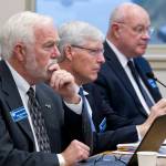 University of Alaska Southeast Chancellor RickCaulfield, listens and watches the universitys Board of Regents meeting at the UAS Recreation Center in this September 2016 photo. (Michael Penn | Juneau Empire File)