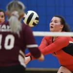 Juneau-Douglas Gabi Griggs bumps the ball up against Ketchikan during the Region V Volleyball Tournament at Thunder Mountain High School on Thursday, Nov. 7, 2019. JDHS won 25-8, 25-14, 14-25, 25-15. (Michael Penn | Juneau Empire)