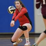 Juneau-Douglas Merry Newman bumps the ball up against Ketchikan during the Region V Volleyball Tournament at Thunder Mountain High School on Thursday, Nov. 7, 2019. JDHS won 25-8, 25-14, 14-25, 25-15. (Michael Penn | Juneau Empire)
