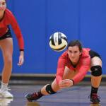 Juneau-Douglas Addie Prussing bumps the ball up against Ketchikan during the Region V Volleyball Tournament at Thunder Mountain High School on Thursday, Nov. 7, 2019. JDHS won 25-8, 25-14, 14-25, 25-15. (Michael Penn | Juneau Empire)