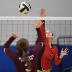 Juneau-Douglas Abby Dean spikes against Ketchikans Janae Rhodes during the Region V Volleyball Tournament at Thunder Mountain High School on Thursday, Nov. 7, 2019. JDHS won 25-8, 25-14, 14-25, 25-15. (Michael Penn | Juneau Empire)