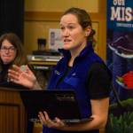 Marine scientist Molly Zaleski gives public comment during a hearing held by NOAA on proposed whale habitats being created in the coastal waters of the West Coast at University of Alaska Southeast on Thursday, Nov. 7, 2019. (Michael S. Lockett | Juneau Empire)