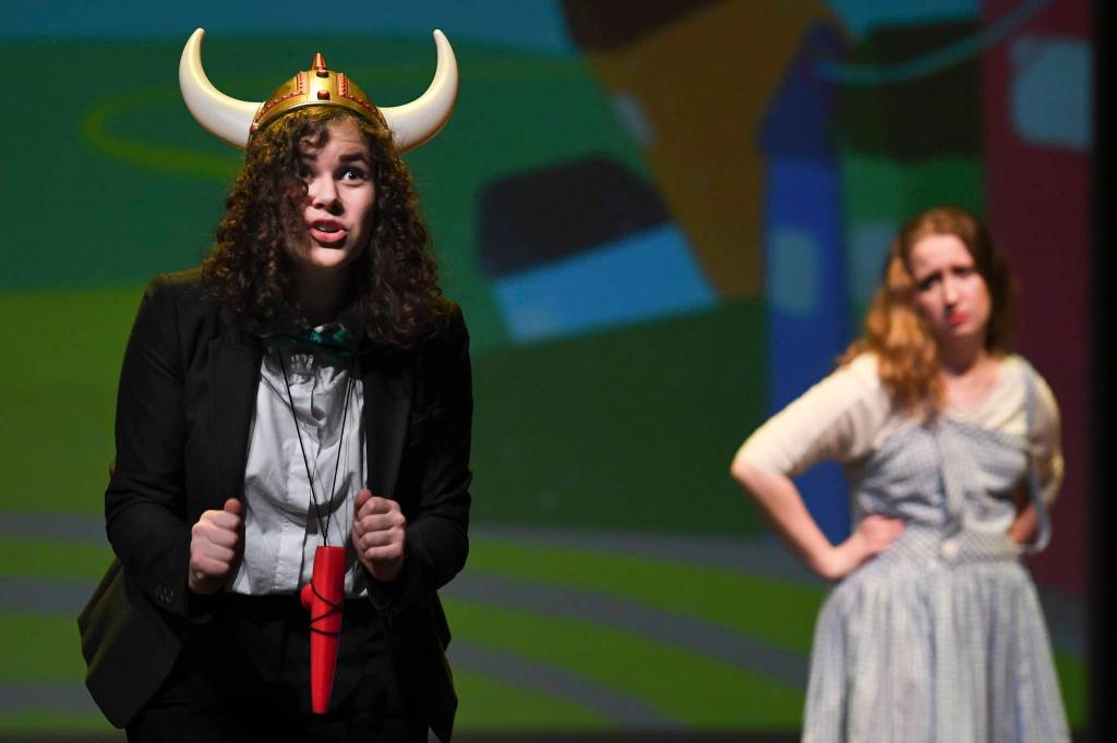 Narrator Nigel Dee, played by Dorothy Kuterbach, left, and Dorothy Gale, played by Devin Moorehead, during rehearsal for the Thunder Mountain High School production of Choose Your Own Oz at TMHS on Friday, Nov. 8, 2019. (Michael Penn | Juneau Empire)                                Narrator Nigel Dee, played by Dorothy Kuterbach, left, and Dorothy Gale, played by Devin Moorehead, during rehearsal for the Thunder Mountain High School production of Choose Your Own Oz at TMHS on Friday, Nov. 8, 2019. (Michael Penn | Juneau Empire)