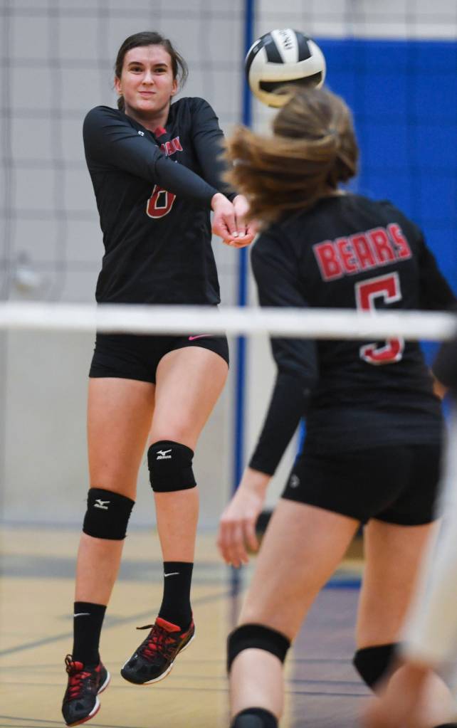 Juneau-Douglas bumps the ball up against Thunder Mountain during the Region V Volleyball Tournament at Thunder Mountain High School on Friday, Nov. 8, 2019. JDHS won 25-22, 26-24, 25-20. (Michael Penn | Juneau Empire)