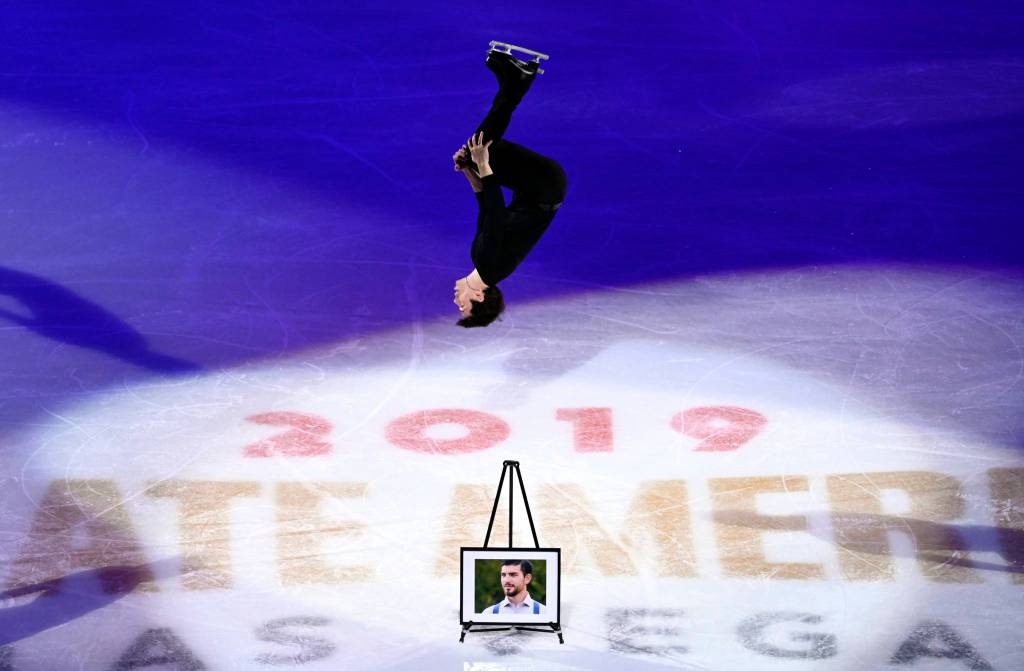 In this Oct. 20, 2019, file photo, Keegan Messing performs in honor of his late brother Paxon during the International Skating Union Grand Prix of Figure Skating Series exhibitio in Las Vegas. Messing has always skated with passion and showmanship. Whether he is channeling Charlie Chaplin, Gene Kelly or the Incredible Hulk, he is a storyteller capable of charming audiences from Fur Rendezvous to the Olympics. The 27-year-old has been skating since he was 3. (AP Photo | David Becker)