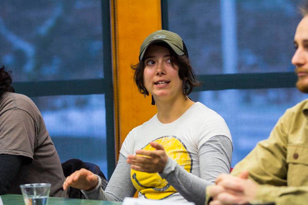 Tori Best, an elementary education major and former Marine combat engineer, answers a question during a panel of student veterans as part of a Veterans Day celebration at University of Alaska Southeast on Nov. 11, 2019. (Michael S. Lockett | Juneau Empire)