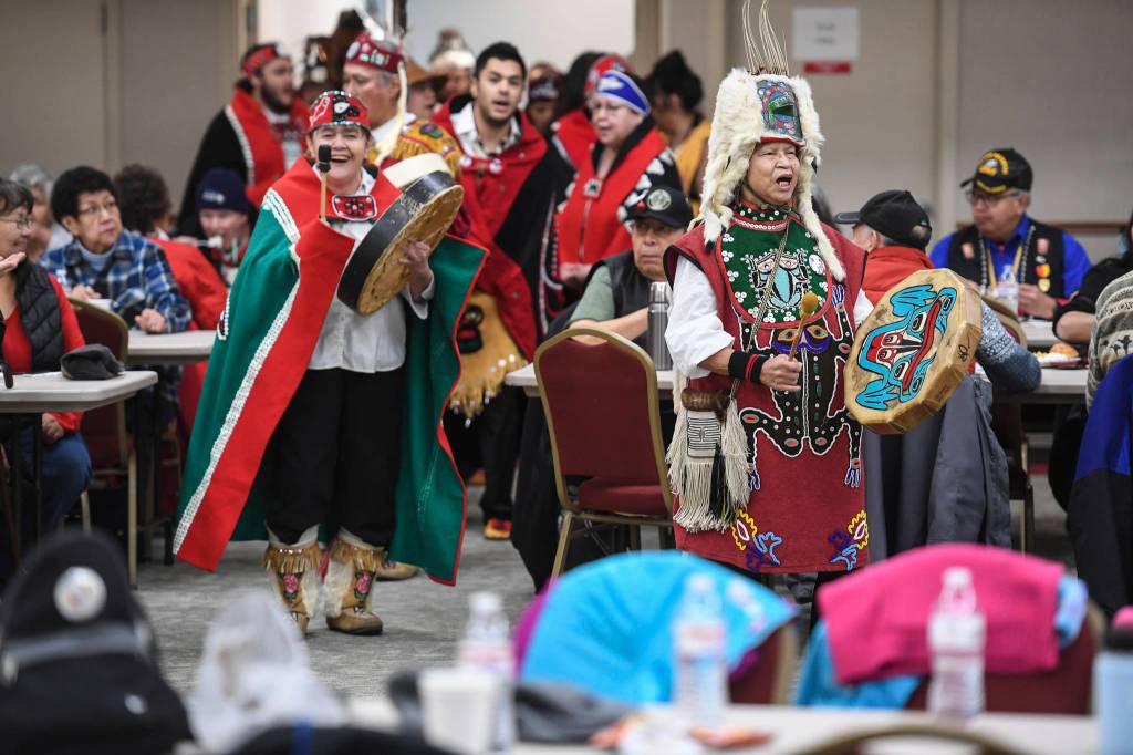 The Yaaw Tei Yi Dance Group performs during the Southeast Alaska Native Veterans Veterans Day luncheon at the Elizabeth Peratrovich Hall on Monday, Nov. 11, 2019. (Michael Penn | Juneau Empire)
