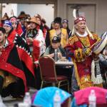 The Yaaw Tei Yi Dance Group performs during the Southeast Alaska Native Veterans Veterans Day luncheon at the Elizabeth Peratrovich Hall on Monday, Nov. 11, 2019. (Michael Penn | Juneau Empire)