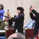 Juneau residents watch the Yaaw Tei Yi Dance Group perform during the Southeast Alaska Native Veterans Veterans Day luncheon at the Elizabeth Peratrovich Hall on Monday, Nov. 11, 2019. (Michael Penn | Juneau Empire)