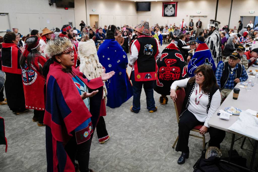 The Yaaw Tei Yi Dance Group performs during the Southeast Alaska Native Veterans Veterans Day luncheon at the Elizabeth Peratrovich Hall on Monday, Nov. 11, 2019. (Michael Penn | Juneau Empire)