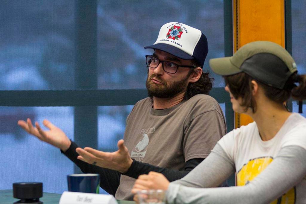 David Carroll, fisheries and ocean science major and former Marine UH-1N crew chief, answers a question during a panel of student veterans as part of a Veterans Day celebration at University of Alaska Southeast on Nov. 11, 2019. (Michael S. Lockett | Juneau Empire)