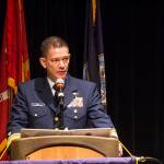 Rear Adm. Matthew Bell, commander of U.S. Coast Guard District 17, gives a speech during a Veterans Day ceremony in Centennial Hall, Nov. 11, 2019. (Michael S. Lockett | Juneau Empire)