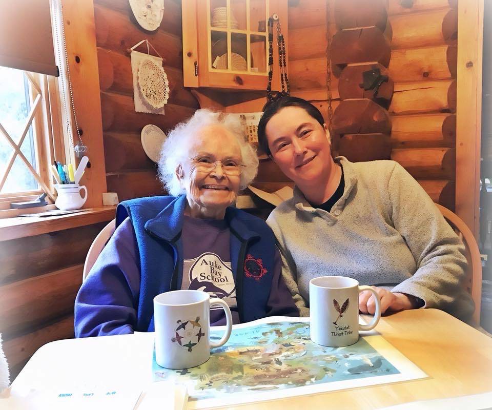 Marie Olson and Vivian Mork Yéilk having tea and talking story about the Tlingit language, Higher Education, the importance of voting, Juneaus history, Wooshkeetaan history, and more. (Vivian Prescott | For the Capital City Weekly)
