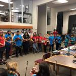 Members of the Juneau Alaska Music Matters program perform for the Juneau School District Board of Education meeting at Juneau Douglas High School: Yadaa.at Kalé on Tuesday, Nov. 12, 2019. (Peter Segall | Juneau Empire)