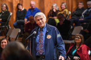 Sasha Soboleff talks about his father, Walter Soboleff, during a celebration of Soboleff at the Walter Soboleff Center on Walter Soboleff Day, Thursday, Nov. 14, 2019. (Michael Penn | Juneau Empire)