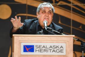Former Sen. Albert Kookesh, D-Angoon, tells his favorite Dr. Walter Soboleff stories during a celebration of Dr. Soboleff at the Walter Soboleff Center on Thursday, Nov. 14, 2019. (Michael Penn | Juneau Empire)