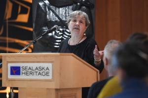 Ernestine Hayes, a Tlingit author and former Alaska State Writer Laureate from 2016-2018, gives a lecture on Juneaus Indian Village at the Walter Soboleff Building on Monday, Nov. 18, 2019. The lecture is sponsored by the Sealaska Heritage Institute. (Michael Penn | Juneau Empire)