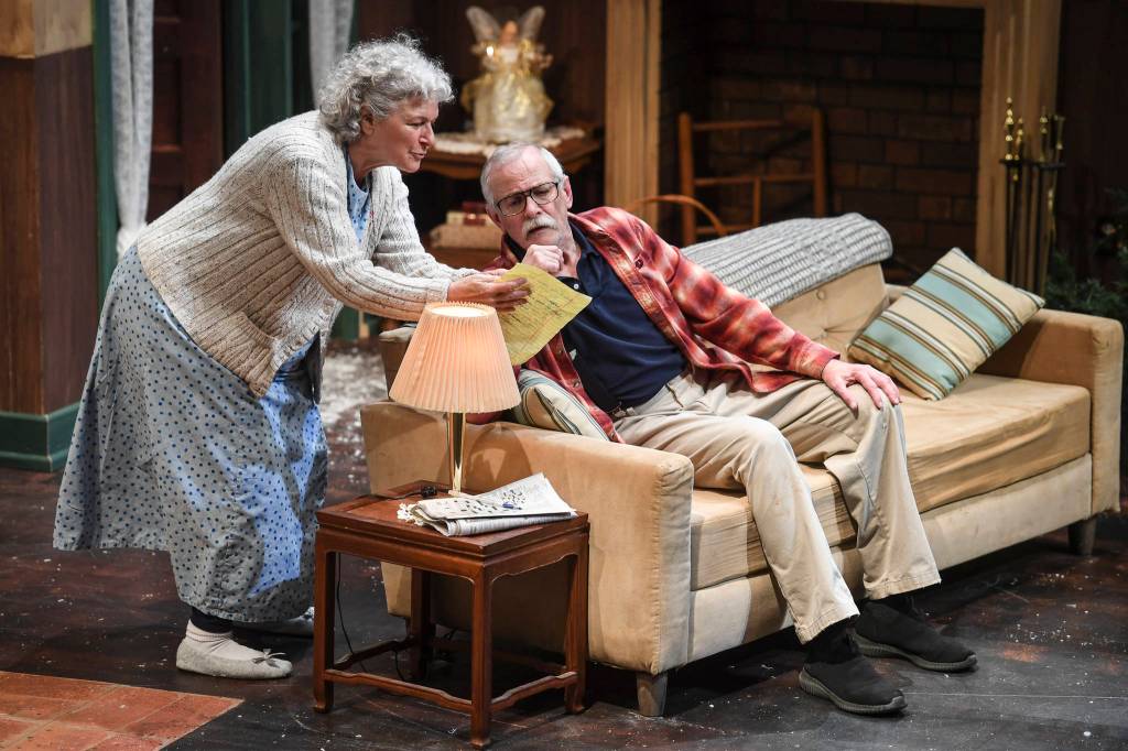 Clifford, played by Charlie Cardwell, and Minnie, played by Angelina Fiordellisi, rehearse in Perseverance Theatres production of With by playwright Carter Lewis on Tuesday, Nov. 19, 2019. With opens Friday Nov. 22 and runs through Dec. 15. (Michael Penn | Juneau Empire)