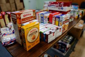 Food stuffs sit on tables at St. Vincent de Paul on Tuesday, Nov. 20, 2019, to be bagged to feed up to 200 families for Thanksgiving. (Michael Penn | Juneau Empire)