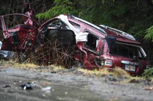 A single-vehicle wreck near Mile 23 Glacier Highway left 2 dead and 2 in critical condition on Thursday, Nov. 21, 2019. (Michael Penn | Juneau Empire)