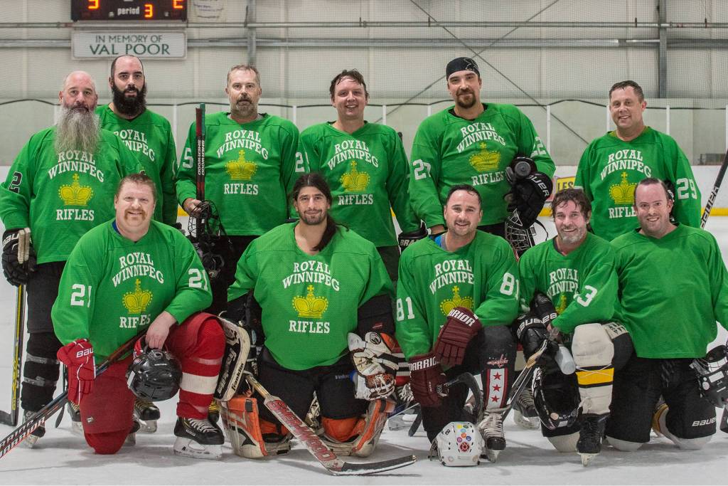 The JAHA 40+ Tier fall champions Royal Winnipeg pose for a photo after defeating Dupont Whalers 3-2 in the title game Sunday at Treadwell Arena. Royal Winnepeg players (not in order pictured): Aaron Jacobs, Brant Oliphant, Brent Doutt, Brian McHenry, Christopher Thorn, David Anderson, Don Schneider, Jayme Johns, Jeffrey Johns, Jesse Young, Matthew Reece, Scott Sell, Stephanie Kohlhase. (Coutesy Photo | Claire Baldwin)