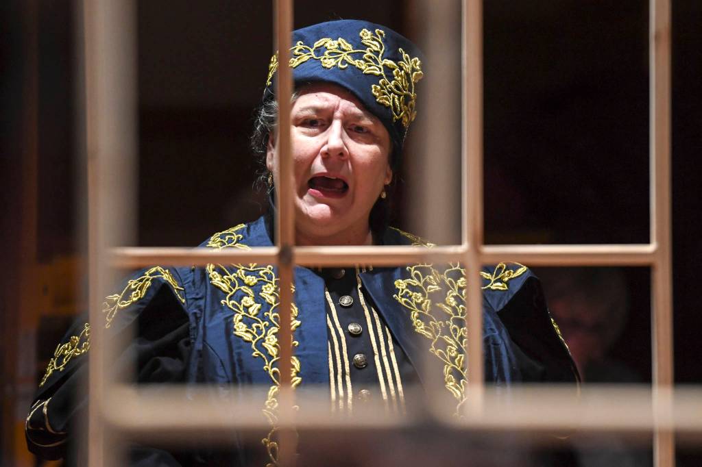 Becky Orford rehearses for Theatre in the Roughs production of Oscar Wildes The Importance of Being Earnest at McPhetres Hall on Thursday, Nov. 21, 2019. (Michael Penn | Juneau Empire)