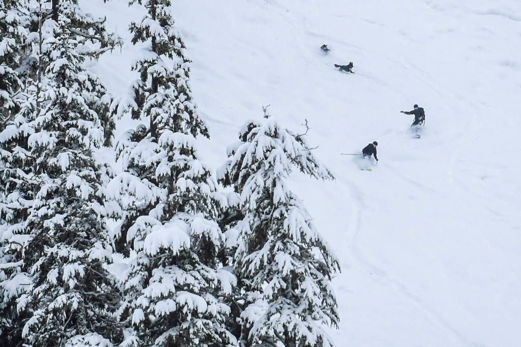 Lee Henry, left, and Chris Miller, ski and snowboard down Lower Hilarys at Eaglecrest on Tuesday, Dec. 3, 2019. (Michael Penn | Juneau Empire)