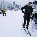 Eric Kueffner, right, and Wade Pancich return to their vehicles after taking advantage of fresh snow at Eaglecrest on Tuesday, Dec. 3, 2019. (Michael Penn | Juneau Empire)