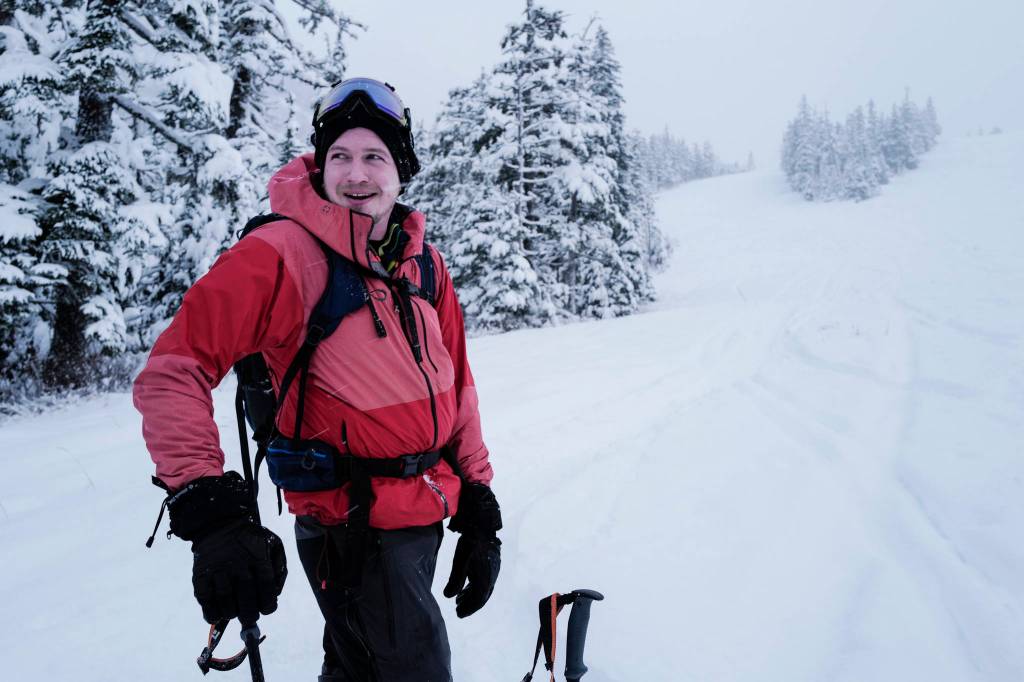 Ted Hanrahan, a ski patroller for the Eaglecrest Ski Area, makes his way down the slopes on Tuesday, Dec. 3, 2019. (Michael Penn | Juneau Empire)